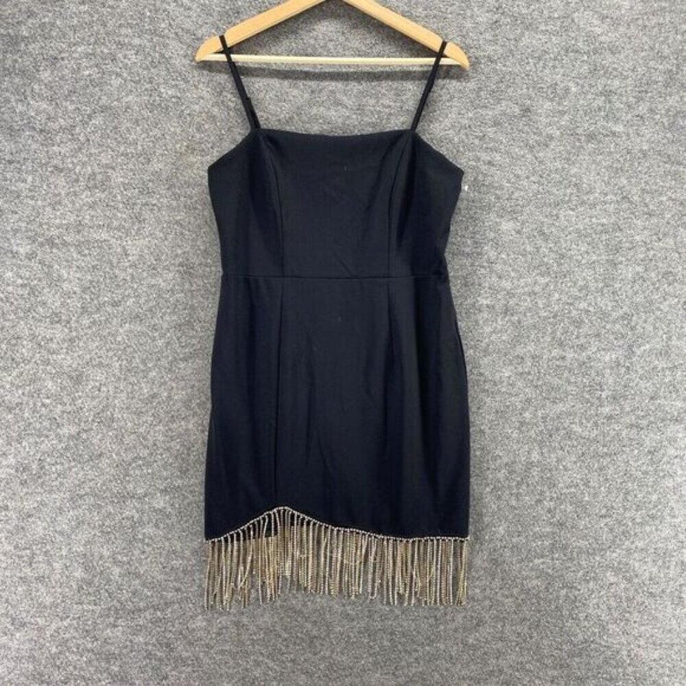 Trixxi Dress Women L Large Black Sheath Midi Zipper Rhinestone Square NeckFringe